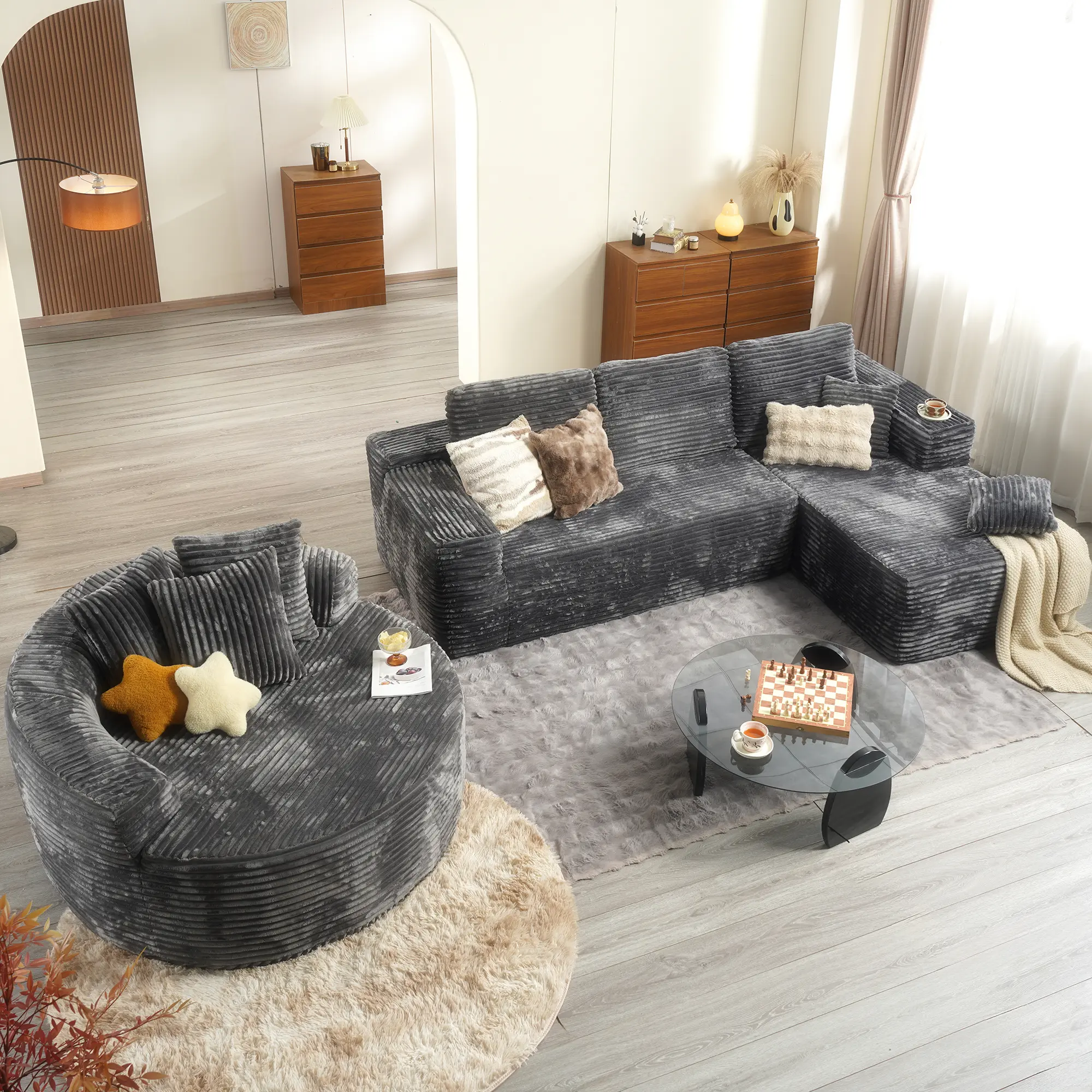 Grey Plush Corduroy Right Chaise with Round Couch