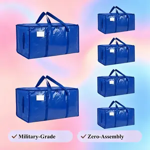 6 Pack Heavy Duty 210GSM Moving Bags with Full-Open Side Zipper & Handle, 93L 65lbs Waterproof Foldable Storage Totes, Alternative to Moving Boxes for College Dorm Move-In & Home Organization, Black & Blue Organiser, With Handle