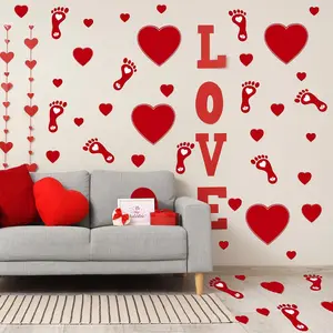 Valentine's Day Wall Decals Red Heart and Footprint Stickers Valentines Day Party Favor for Window Wall Floor Wedding Anniversary Decoration