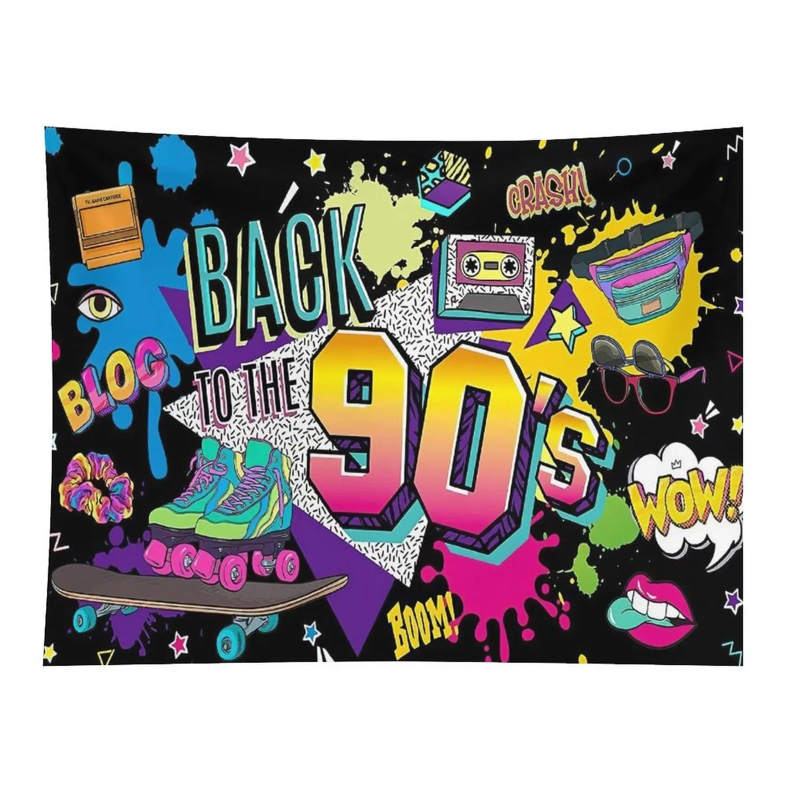 Retro 90s Graffiti Back To The 90s Skateboard Cassette Roller Skate Wall Tapestry Wall Hanging, Vintage Nostalgic Hip Hop Pop Culture Decor for Teen Gaming Bedroom Backdrop