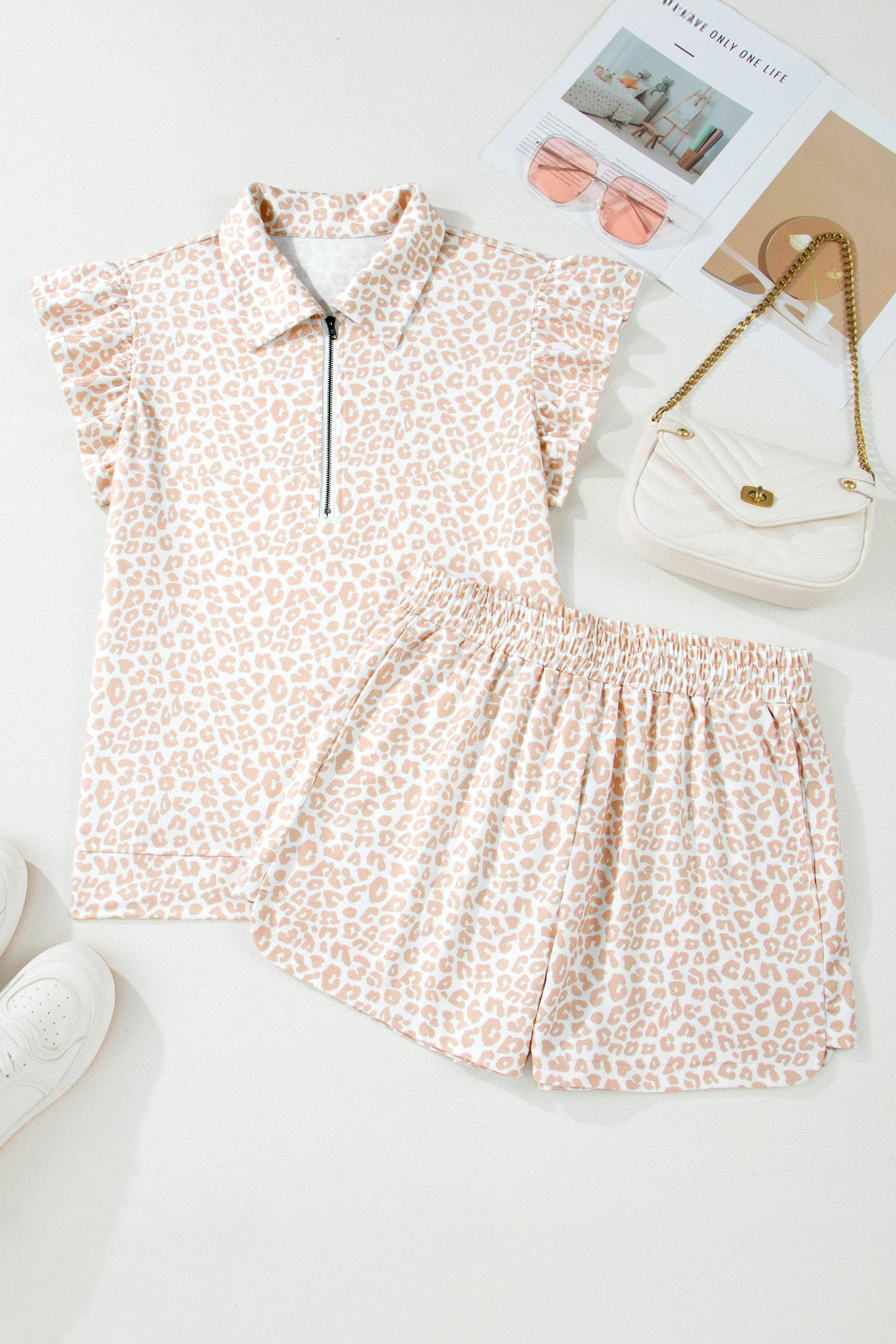 Women's Beige Leopard Zip Polo Top 2pcs Short Set, Casual Everyday Flowy Loungewear Sets for Women, Cute Preppy Ruffle Sleeve Two Piece Outfits, Chic Boho Summer Matching Suits, Athletic Aesthetic Pajamas Apparel