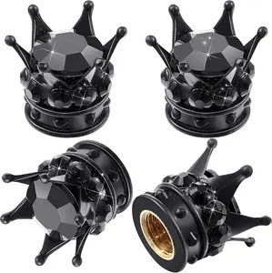 4 Pieces Crown Tire Valve Stem Caps Bling Handmade Crystal Rhinestone Universal Chrome Crown Vehicle Car Tire Caps Covers, Attractive Accessories for Car (Black)