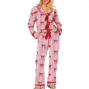 Mommy Matching Pajamas Bow/Heart Print Tie Front Long Sleeve Tops and Long Pants Set Family Matching Sleepwear