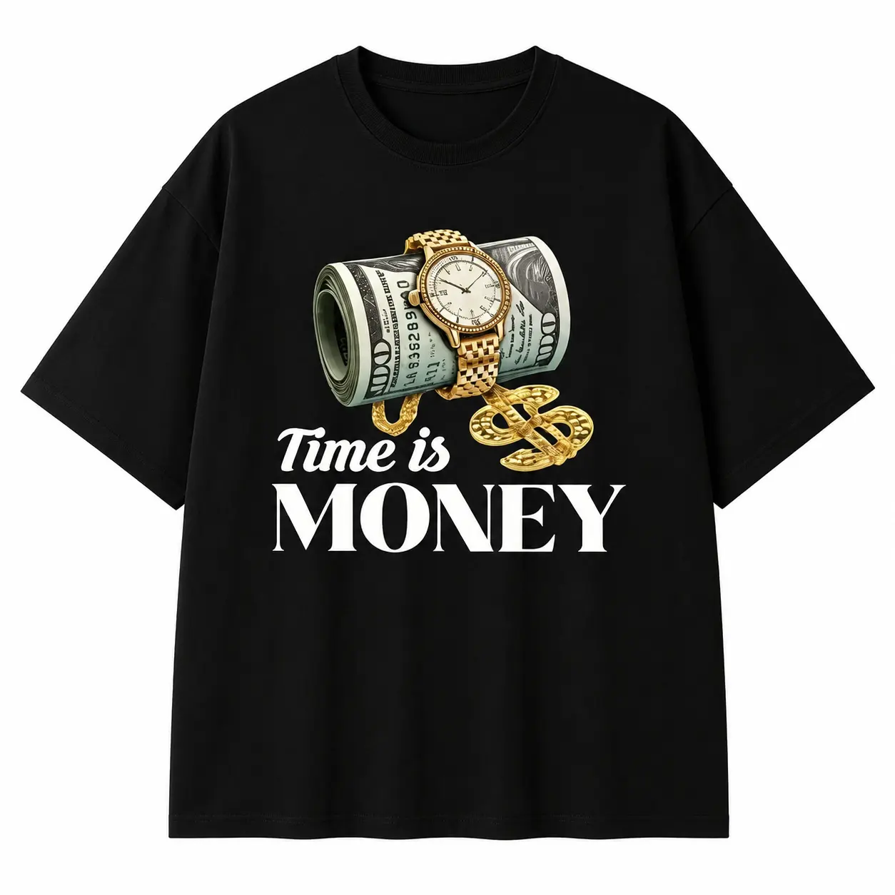 Men's "Time is Money" Graphic T-Shirt, Black Casual Streetwear Tee With Dollar & Watch Print,  Hip Hop Short Sleeve Top