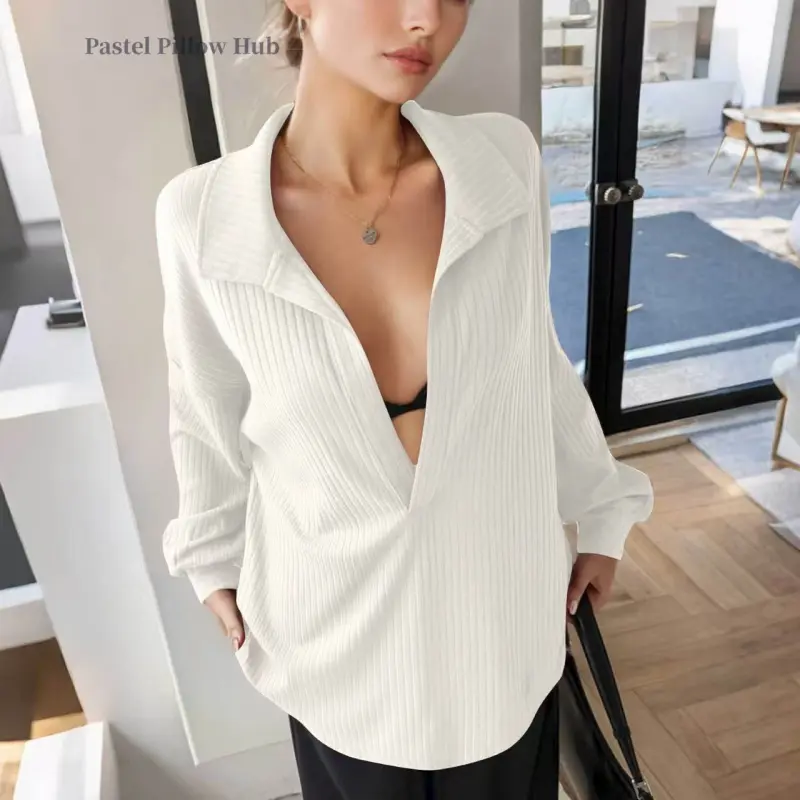 Women's oversized deep V-neck sweatshirt, casual neckline long-sleeve ribbed knit pullover cardigan jacket