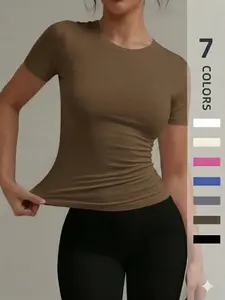 Women's Solid Seamless Knit Round Neck T-Shirt, High Stretch Comfortable Waist Highlighting Curves, Gym & Daily Wear, Summer Fashion Short Sleeve