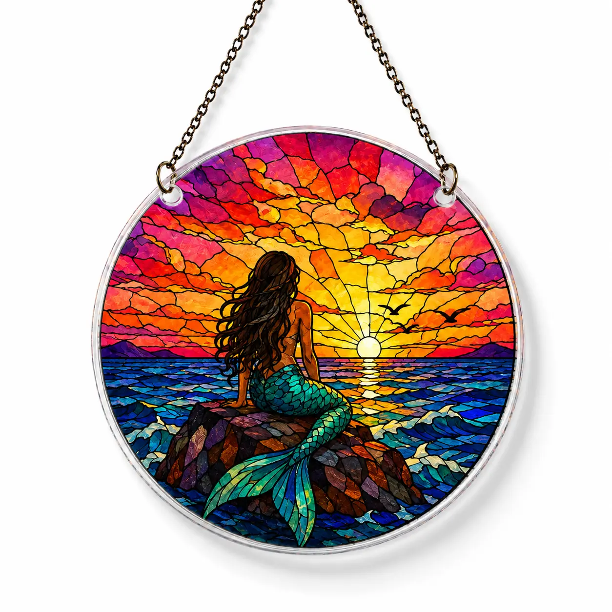 Mermaid Acrylic Suncatcher, Sunset Ocean Window Hanging, Stained Glass Style Mermaid Sun Catcher, Coastal Beach House Decor, Colorful Sea Wall Ornament, Mermaid Lover Gift, Ocean Themed Home Decor