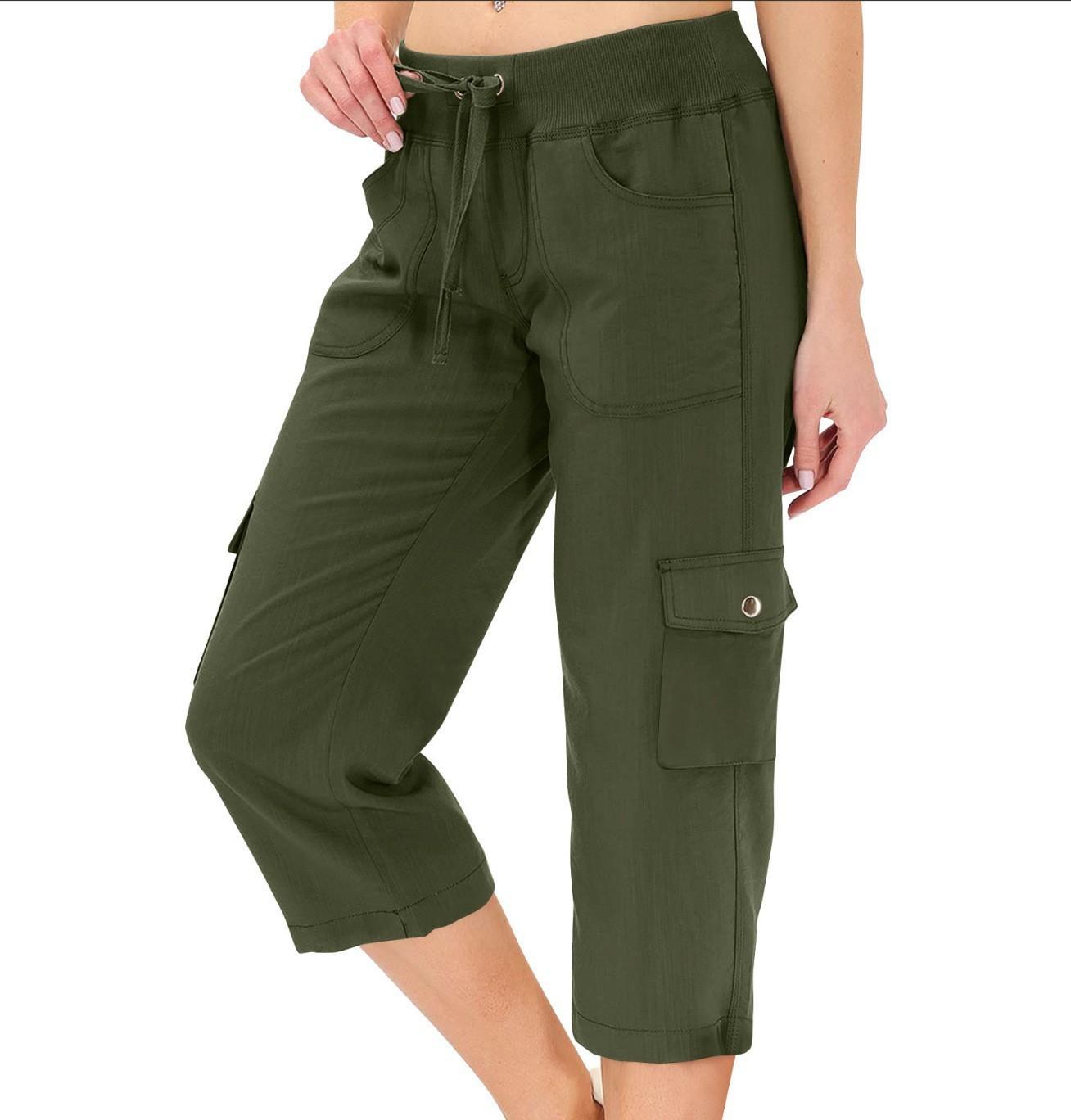 Solid Color Drawstring Fitness Running Cargo Pants With Pockets, Patchwork Design, Cropped Pants