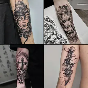 4 large temporary tattoos men,fake tattoos,including designs with cross elements and more, lasting7-15 days, waterproof and abrasion-resistant, realisticeffect, suitable for those who are afraid of pain and don'twant a real tattoo.