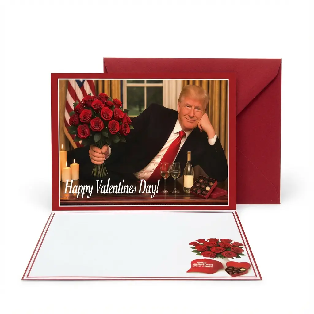 Trump Valentines Card - Funny Card for Republicans on Valentines Day with Red Roses and Wine Bottle Design