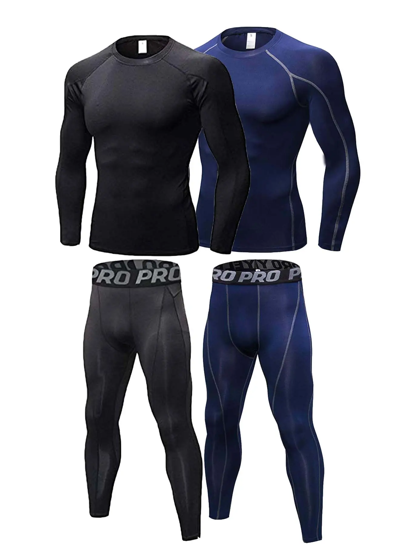 2 Pack Men's Letter Tape Compression Sport Set, Long Sleeve Round Neck Top & Leggings, 2 sets Casual Comfy Gym Underwear Set for Spring Fall & Winter springtok
