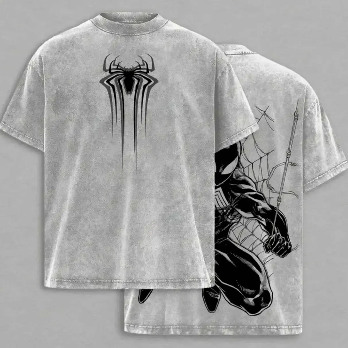 Black Web Hero Washed Colors T-Shirt, Gray Washed Anime Spider Graphic Tee