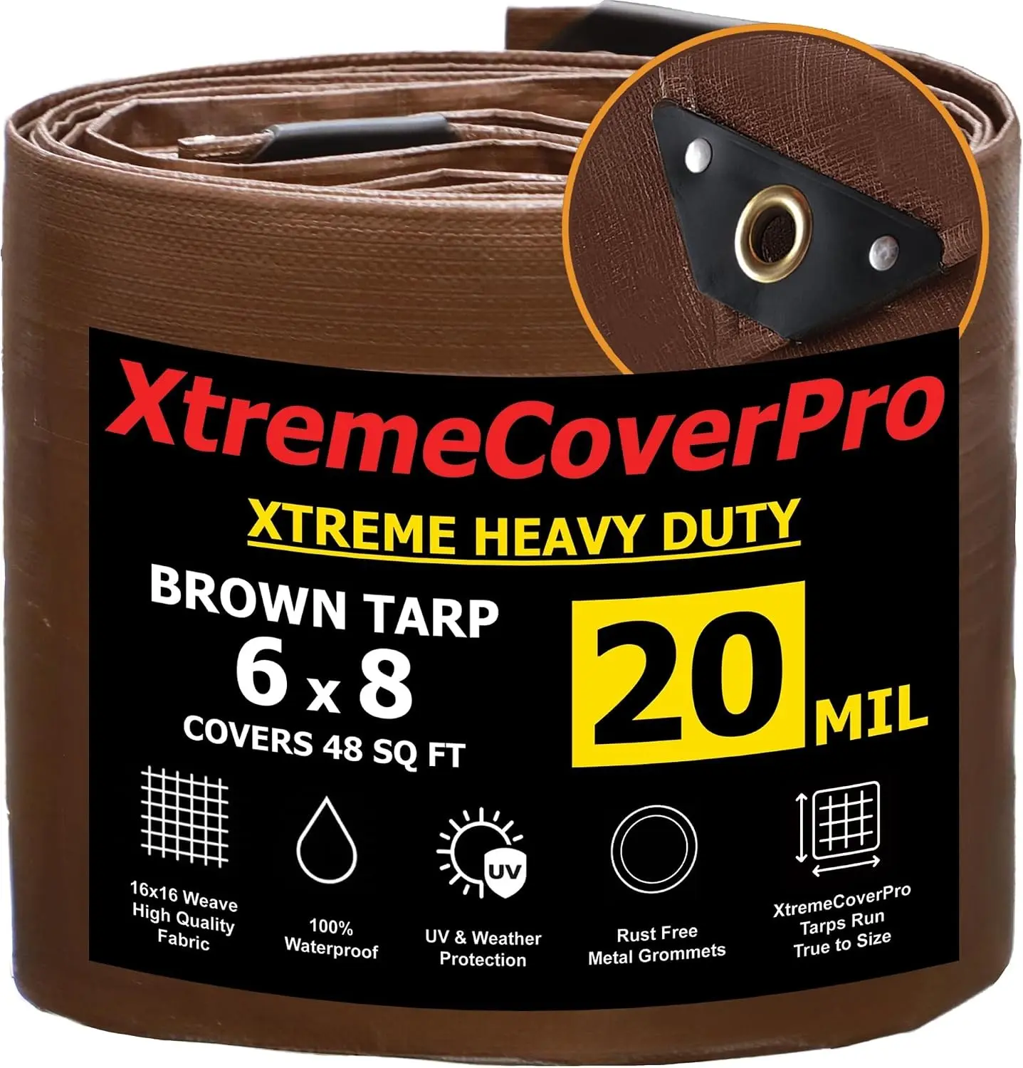 6' x 8' Brown Tarp - 20mil | Heavy Duty & Waterproof | UV Protection + Brass Grommets Reinforced Corners Outdoor Storage 6x8 ft Rain Camping Tent Greenhouse roof Leak Ground Cover Leakproof Shed car