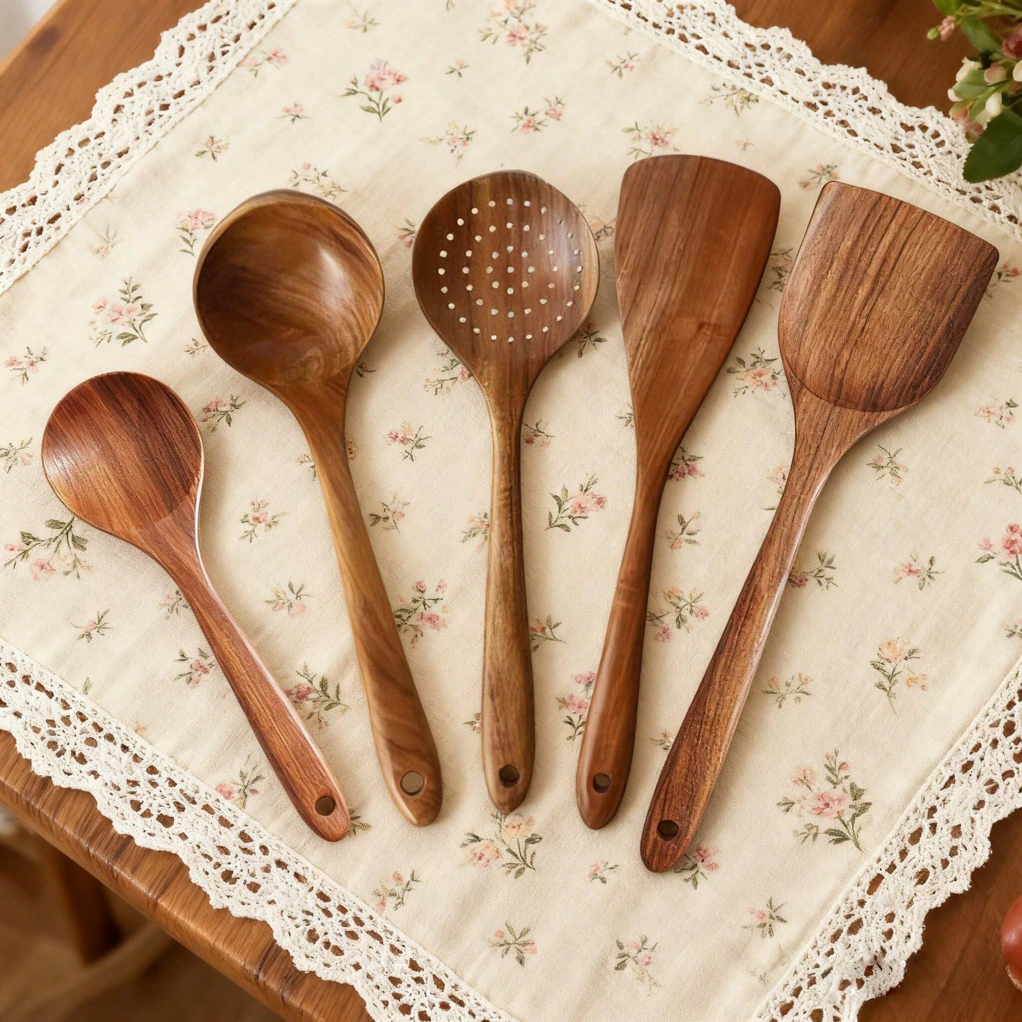 High-End 5-Piece Wooden Cooking Utensils Set - Ergonomic Handle, Natural Wood Spoons, Stir Fry Shovel, Soup Spoon, Non-Stick Pan Shovel, Heat-Resistant, Easy-to-Clean, Durable Cookware, Versatile Cooking Tool