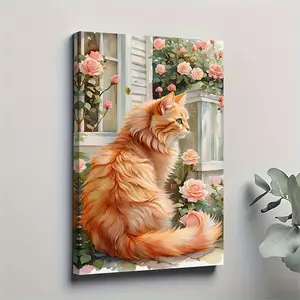 A beautiful 2D flat canvas painting, Ginger Cat under the rose window, oil painting, poster, wall decoration, living room, decorative painting, solid wood frame, 11.81 x 17.72inch