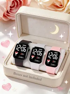 3-Piece Silicone Heart Pattern Ladies Girls Rectangular Watch Set, Sporty Analog-Digital Movement with & Wristbands, Square Dial Wristwatch, Perfect Gift for Daily Wear, Back to School, Birthday
