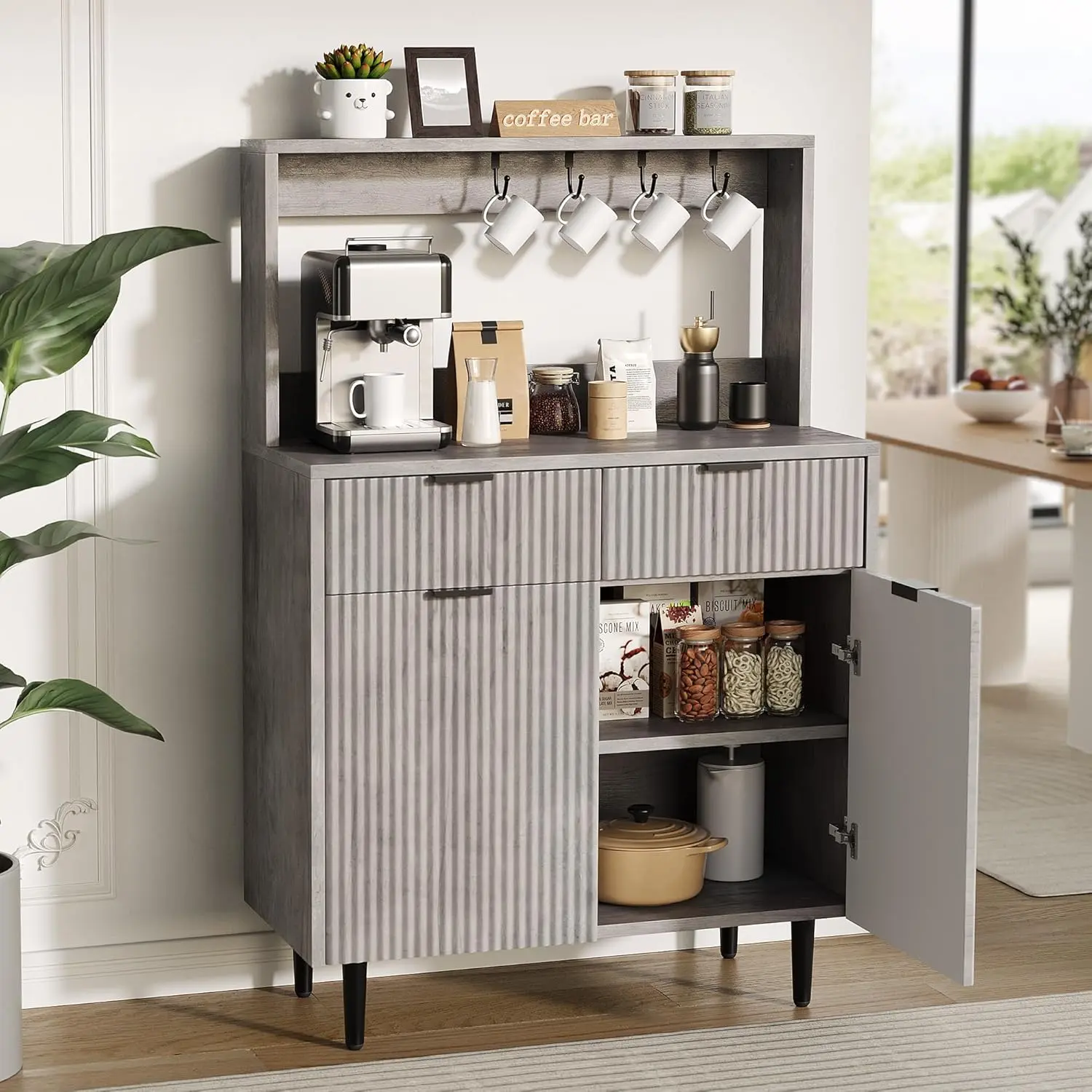 Gaomon Farmhouse Grey Fluted Wood Sideboard Cabinet - Particle Board with Metal Legs, 2 Drawers, Wave Panels, Adjustable Shelves, Easy-Assembly Farmhouse Corner Cabinet, Dining Room Furniture, Living Room Storage Organizer