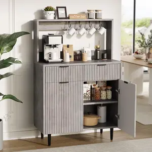 Gaomon Farmhouse Grey Fluted Wood Sideboard Cabinet - Particle Board with Metal Legs & Adjustable ft, Multi-Purpose Modern Buffet Storage with 2 Drawers, Wave Panels & Adjustable Shelves, Easy Assembly Coffee Bar Console for Dining Room, Living Room