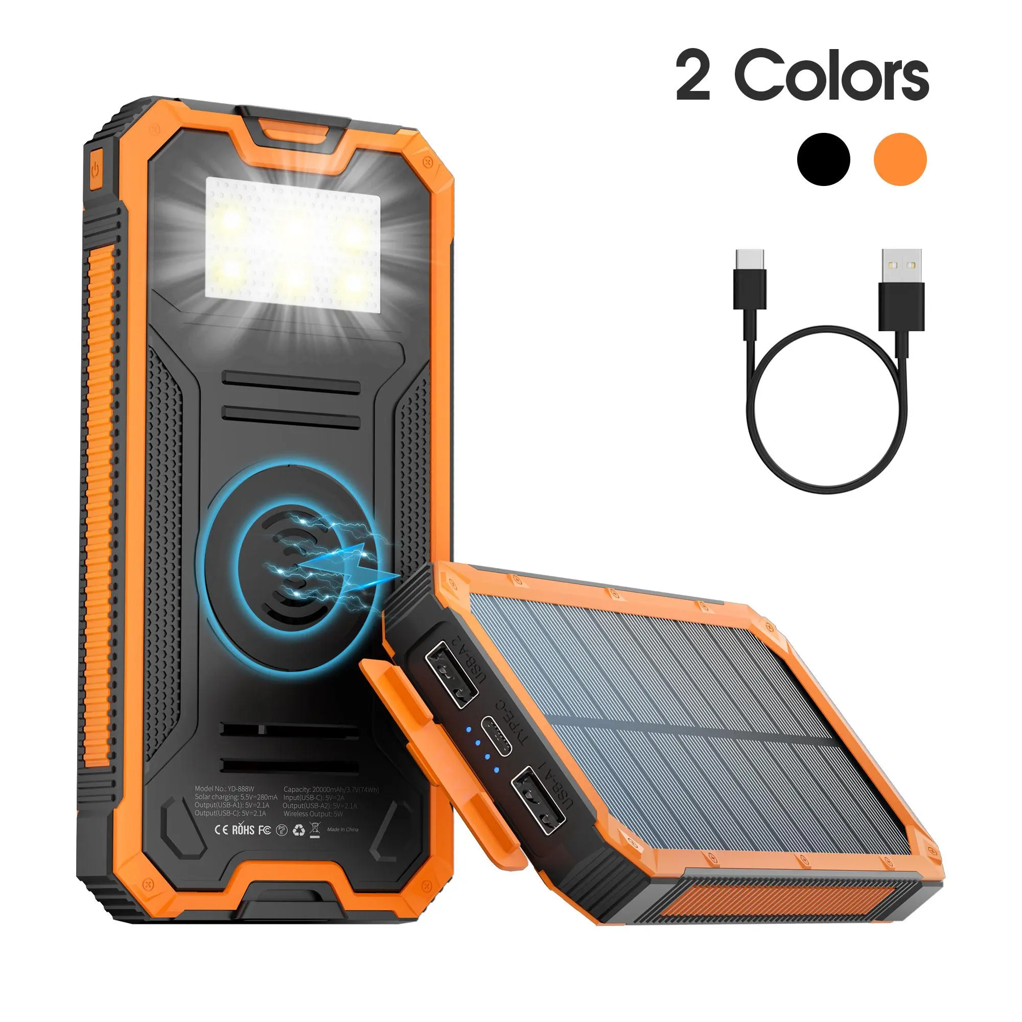 20000mAh Wireless Solar Powered Phone Charger, Waterproof Power Bank with Dual USB Port, Power Bank with LED Flashlight for iPhone Smartphones Tablet, Travel Gadgets, Electronics Accessories