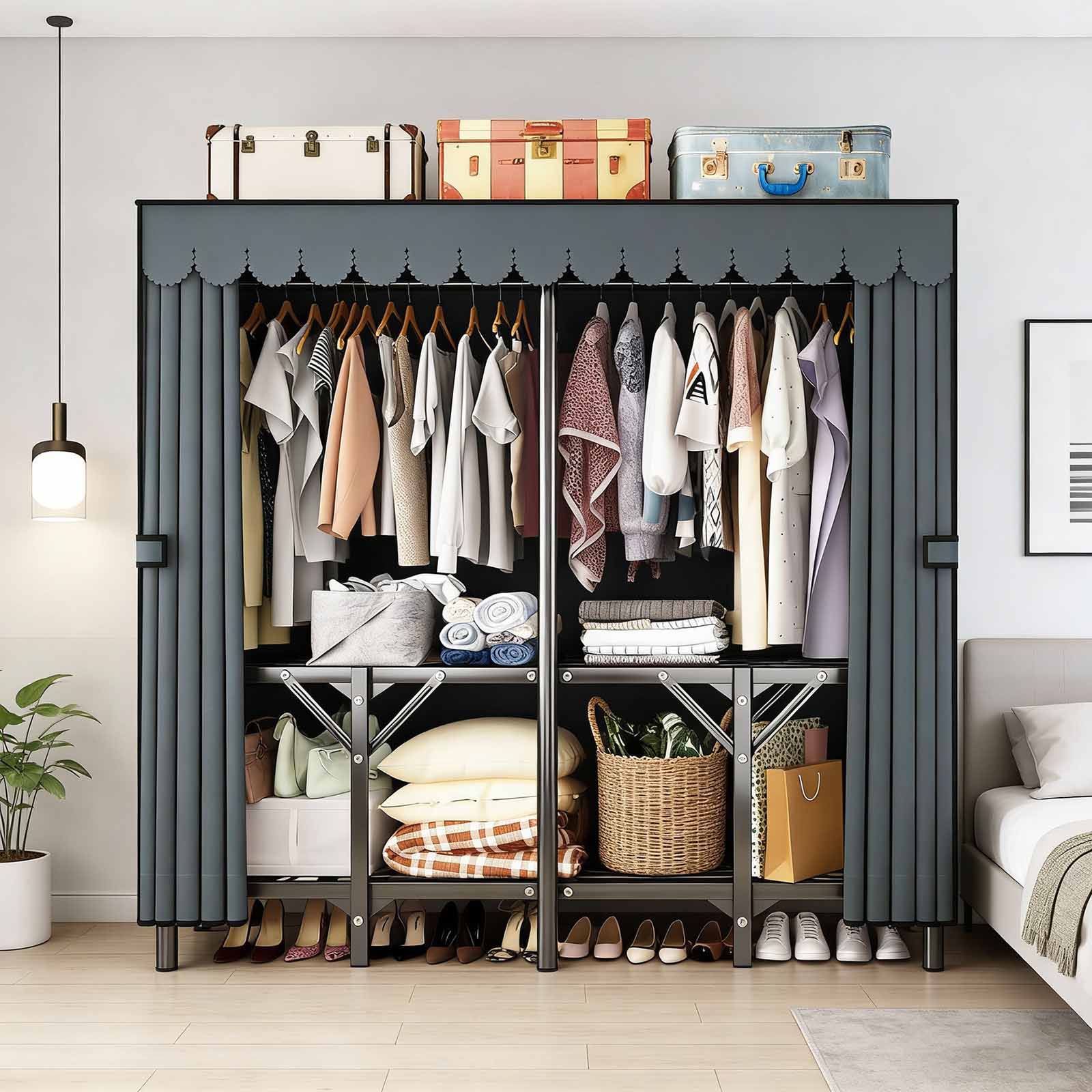 Portable Wardrobe Closet for Hanging Clothes Folding Heavy Duty Clothes Rack with Cover Large Covered Freestanding Foldable Closets Bedroom Armoire Storage Garment Racks