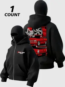 Gothic style fashion black balaclava hoodie with full-face mask - casual zip-up sweatshirt，Truck zipper hoodie, streetwear hoodie featuring a red modified truck and "TEXAS MADE" print