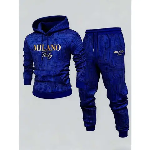 Men's 2-Piece Casual Sports Tracksuit - Athletic Sweatsuit Set with Long-Sleeve Colorblock Hooded Sweatshirt, Letter Printing, Machine-Washable Track Pants, Contrast Binding