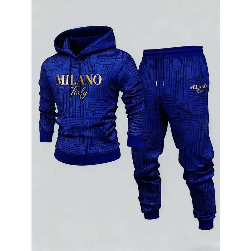 Men's 2-Piece Casual Sports Tracksuit - Athletic Sweatsuit Set with Long-Sleeve Colorblock Hooded Sweatshirt, Letter Printing, Machine-Washable Track Pants, Contrast Binding