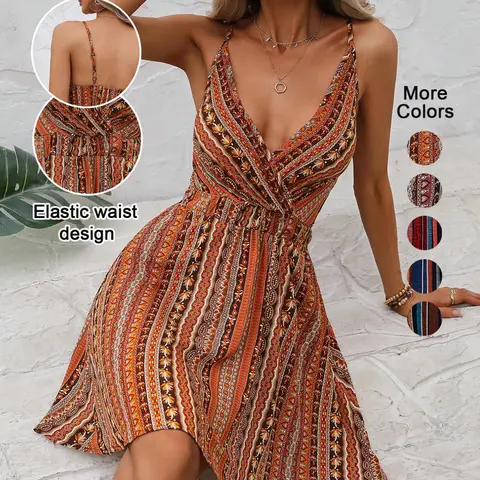 Women's Summer Classic Striped V-Neck Backless Belted, Elegant Style, Casual Wear, Sleeveless Short Dress for Vacation Beach, Casual Beachwear, Boho Fashion Dress