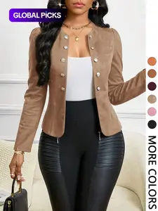 Women's Tan Suede Pearl Button Blazer, Jacket, Faux Suede Fabric & Decorative Pearl Buttons & Puff Shoulders & Tailored Fit & Multiple Color Options 1pc