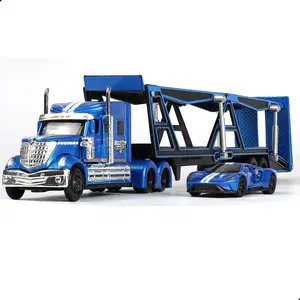 1/65 Scale Auto Transport Semi Truck with Car Carrier Trailer and Diecast Vehicle Set – Long-Haul Transporter with Alloy Cab and Loaded Carrier, Collectible Truck Gift for Adults Blue