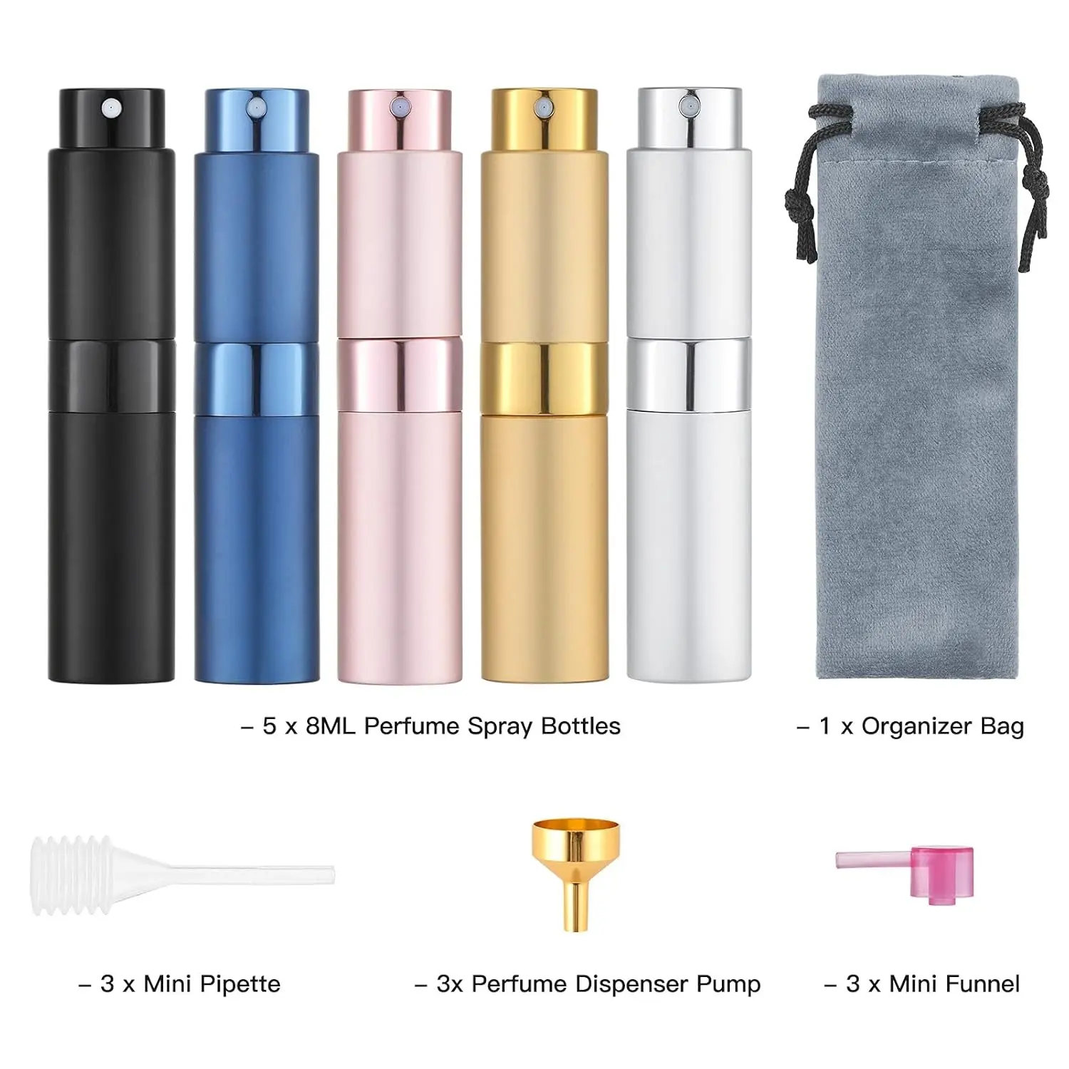 5Pcs/Set 8ml Refillable Perfume Atomizer Multi-Pack - Handy Empty Cosmetic Bottles with Nozzle, Mini Travel Cologne Sprayers, Beauty Storage Organizer, Makeup Tools Gift, Travel Makeup Bag