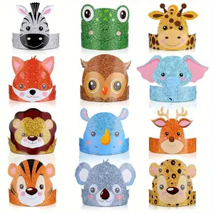 24-Pack Adjustable Glitter Paper Animal Party Hats - Animal Headbands, Festive Crowns for Birthday, Halloween Party Decorations (Home & Festive Supplies)