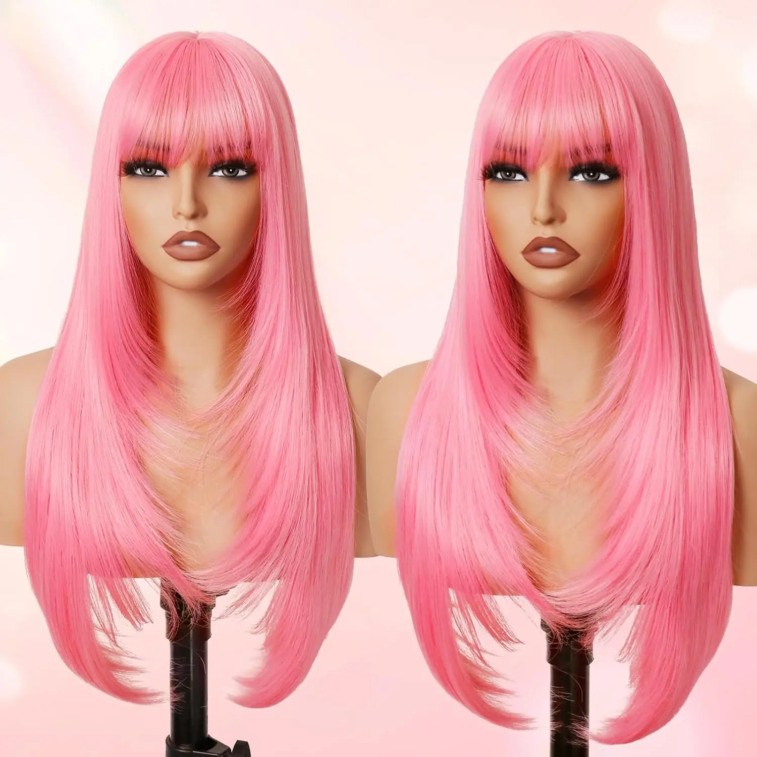 Women's 26in Pink Long Straight Layered Synthetic Wig with Bangs, Heat Resistant, Realistic Put-On-Go Style for Party Cosplay & Daily Use
