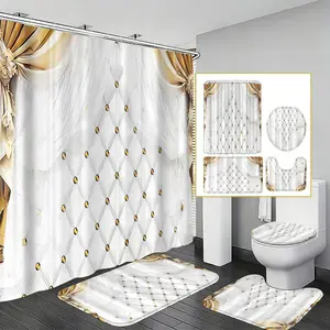 Platinum Diamond Button Shower Curtain Set, Luxurious European Style Bathroom Decor, Non-Slip Mat, Toilet Lid Cover, U-Shaped Pad, Waterproof Mold-Proof