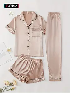 Women's 3pcs Solid Contrast Binding Lapel Collar Button Front Shirt & Elastic Waist Shorts & Pants Satin Pyjama Set, Casual Comfy Top & Shorts & Trousers PJ Set, Pajama Set, Ladies Summer Sleepwear, Loungewear