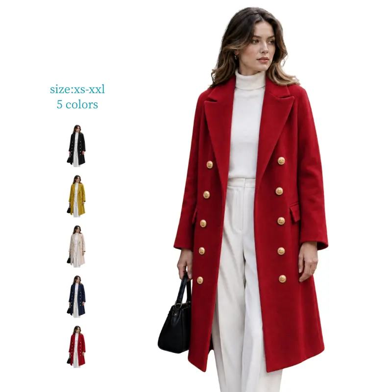 Mundoven Women's Elegant Double-Breasted Wool Blend Coat, Long Sleeve Winter Trench Overcoat with Notched Lapel for Everyday Wear