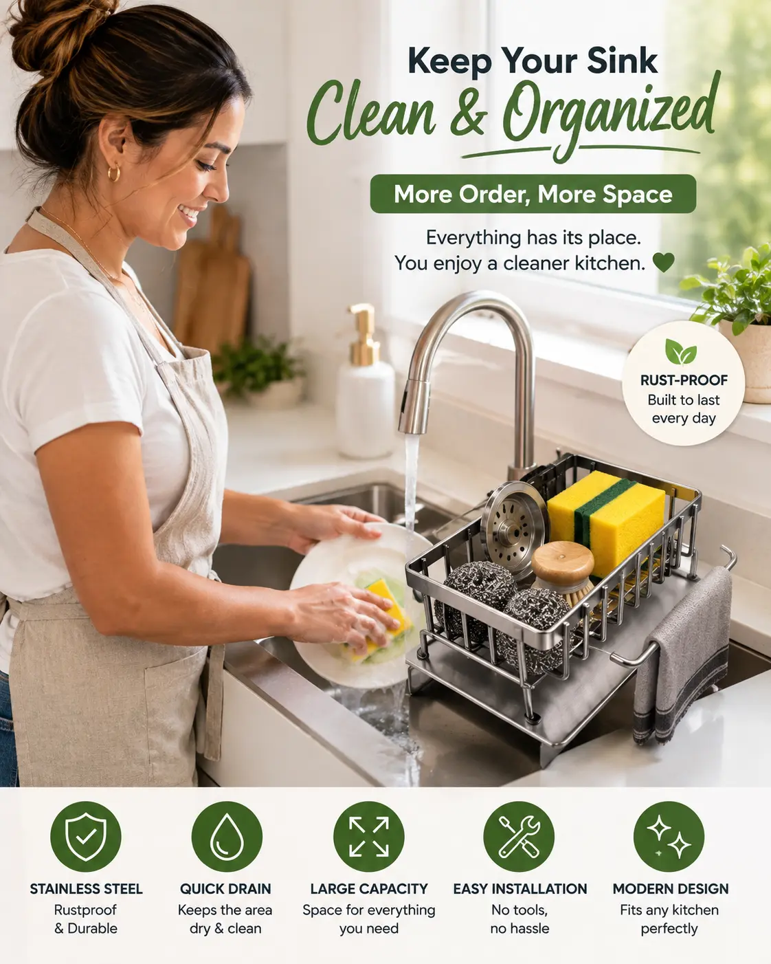 Kitchen Sink Organizer-Stainless Steel Sponge Holder With Removable Drip