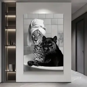 1pc Wrapping Wooden Frame Home Decor Cute-Leopard-And-Black-Panther-In-The-Bathtub_07 Suitable for Home Decorative Paintings, Murals,, Living Room, Bedroom, Office, Kitchen, Restaurant, Bar Wall Art, Holiday Gift Creativity, Hank'S Day