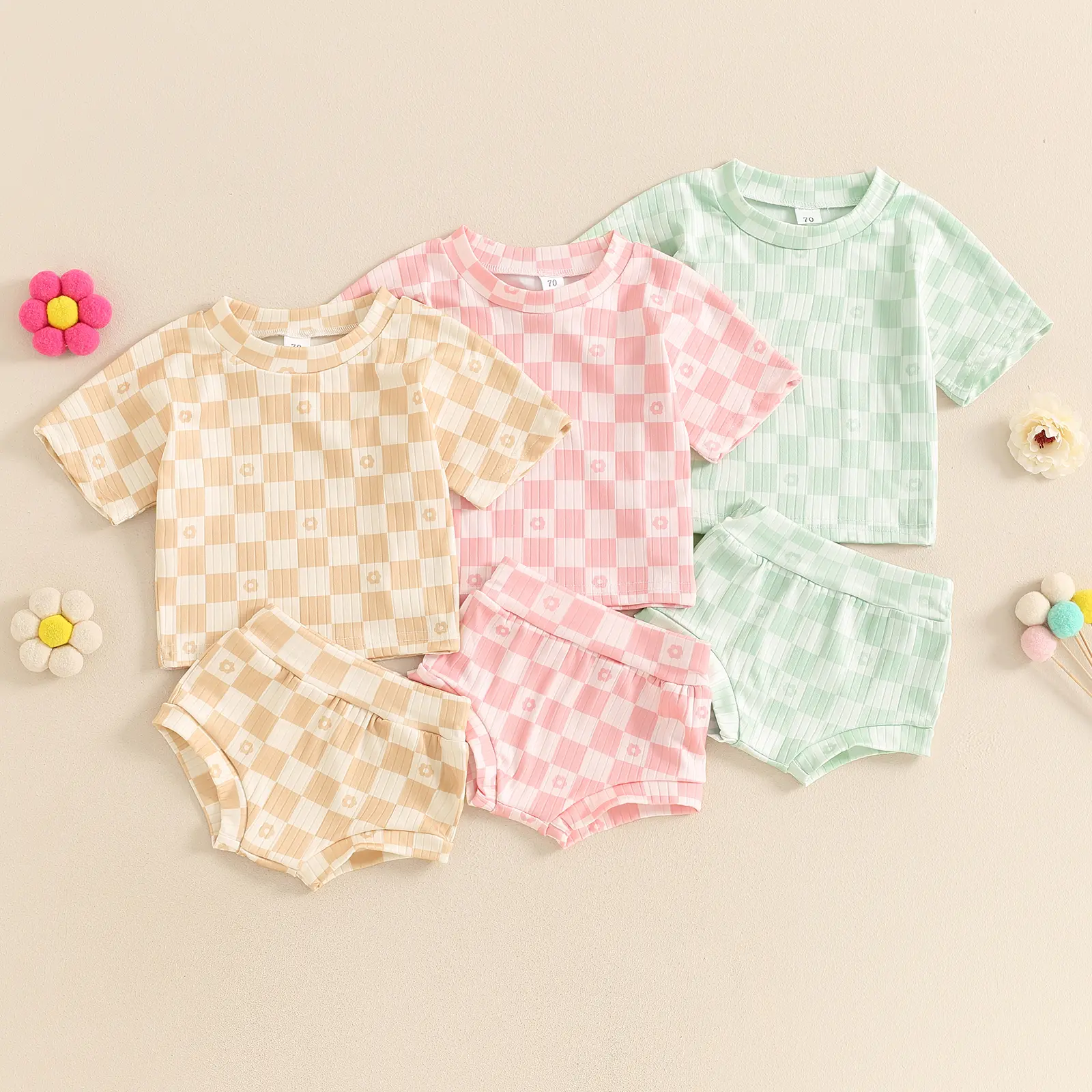 Afunbaby Toddler Infant Baby Girls Summer Outfits Sets Short Sleeve Checkerboard Print Tops PP Shorts 2PCS Clothes Sets