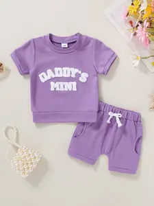 2-piece Soft, Comfortable, Fashionable And Cute Baby Girl Spring And Summer Plush Letter Slogan Pattern Embroidered T-shirt And Clean Color Sports Shorts Casual Daily Vacation Set
