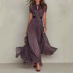 V-Neck Short Puff Sleeve Waist Belted Flowy Chiffon Maxi Sundress for Women 2026 - Elegant Casual Spring Summer Dress, Wedding Guest Dress for Daily Wear & Evening Occasion