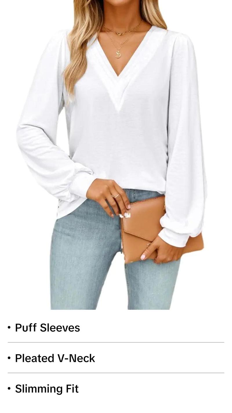Halife Puff Sleeve Tops for Women V Neck Flowy Pleated Shirts Dressy Casual Loose Tshirt Trending Fall Clothes White Top 2XL