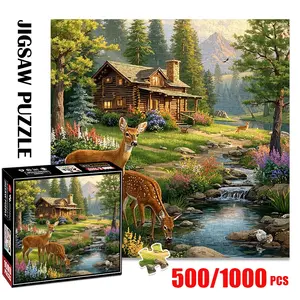1pc 1000 piece adult puzzle 58x58cm Rustic Cabin by Stream with Deer and Scenic Nature500 pieces of paper puzzle, suitable for adults and families, large-scale DIY puzzle interactive toy games, bi