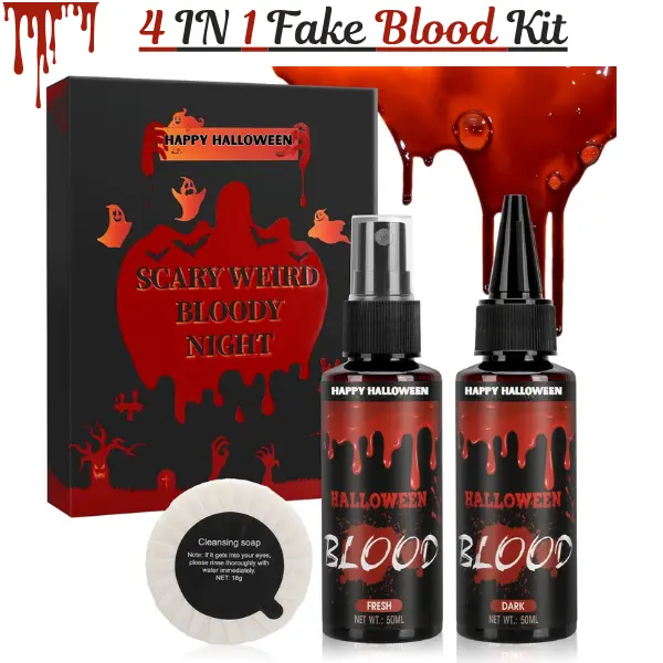 Realistic Fake Blood Makeup Kit, 4-in-1 Washable SFX Cosmetics for Face and Body, Perfect for Halloween & Cosplay Costumes, Bottle, Party Supplies, Safe, Halloween Gifts, Adults, Fragrance Free, Realistic Look, Body Arts, Any, All Skin Types, 4-In-1 Fake,
