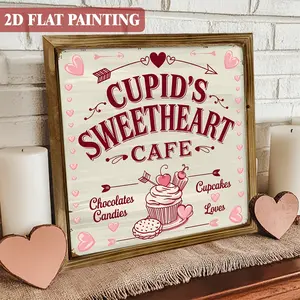 2D 1pc Framed Wooden Valentine's Day Sign "Cupid's Sweetheart Cafe" - Romantic Cupid & Hearts, 8.0x8.0inch Square Contemporary Decor Suitable for Kitchen, Cafe, Office Desk - Perfect Gift for Valentine's, Wedding, Anniversary