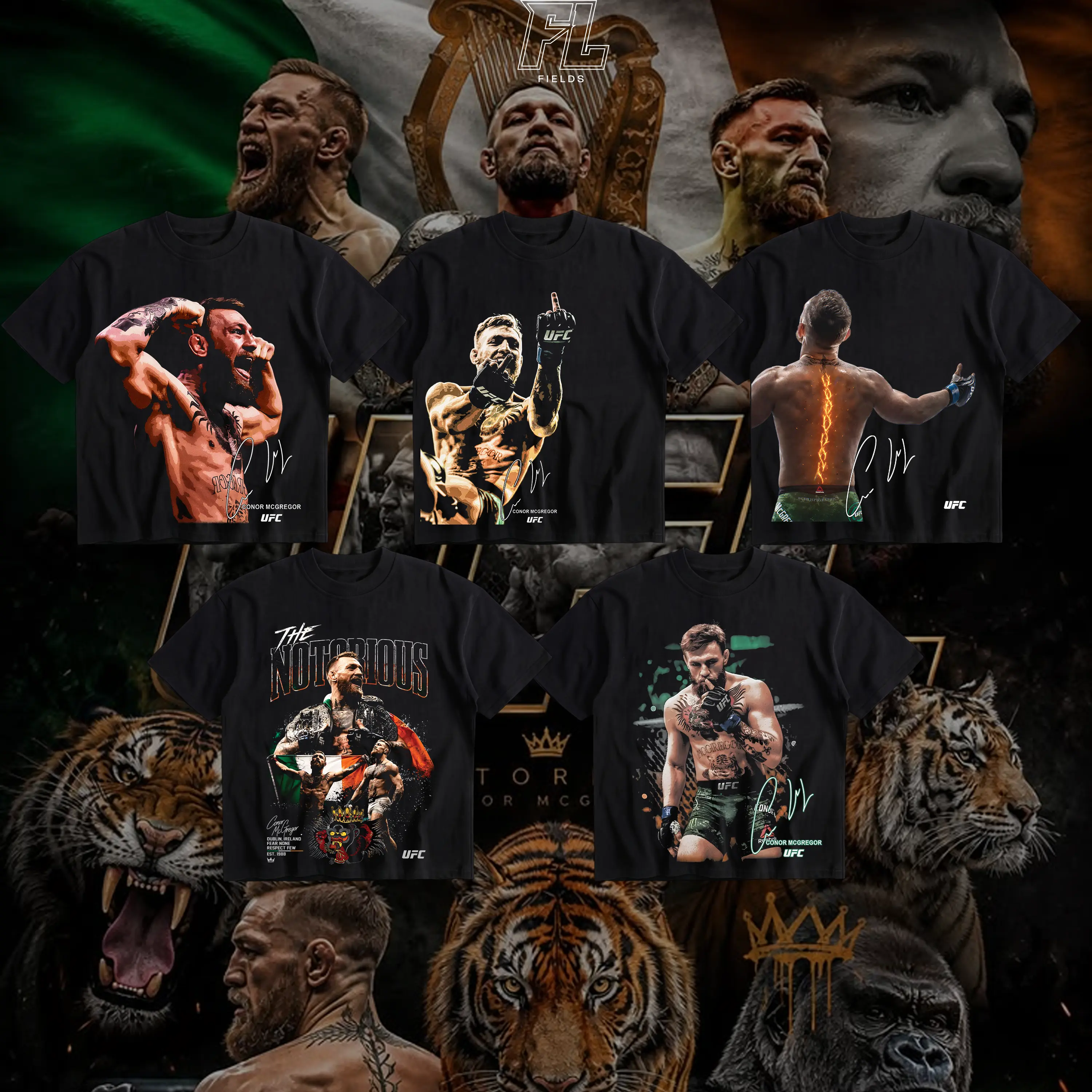 Men's Fields Collection Conor "The Notorious" McGregor Iconic Signature Short-Sleeve Graphic Heavy Cotton T-Shirt - UFC Themed, MMA Fan Apparel, Pump Cover, Direct-To-Garment Printing Fabric Menswear