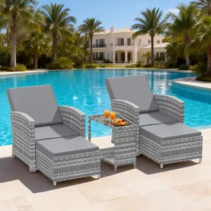 3-Piece Outdoor Wicker Chaise Lounge Set, Infinite Position Adjustable Backrest, Removable Cushion & Glass Side Table – Perfect for Yard, Garden, Backyard, Beige