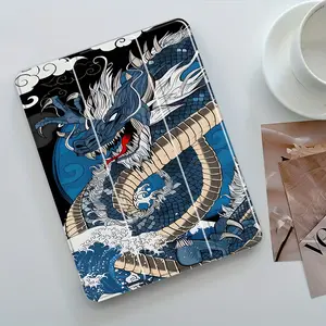 Blue Wave Dragon Pattern Design Three-Tier Stand iPad Case,Transparent Acrylic Hard Back,Pencil Slot & Charger Port,Fits iPad 7.9/8.3/10.2/10.5/10.9/11/12.9 13 inch,Shock-resistant Full Cover Protective Case Suitable for Offices Schools Homes