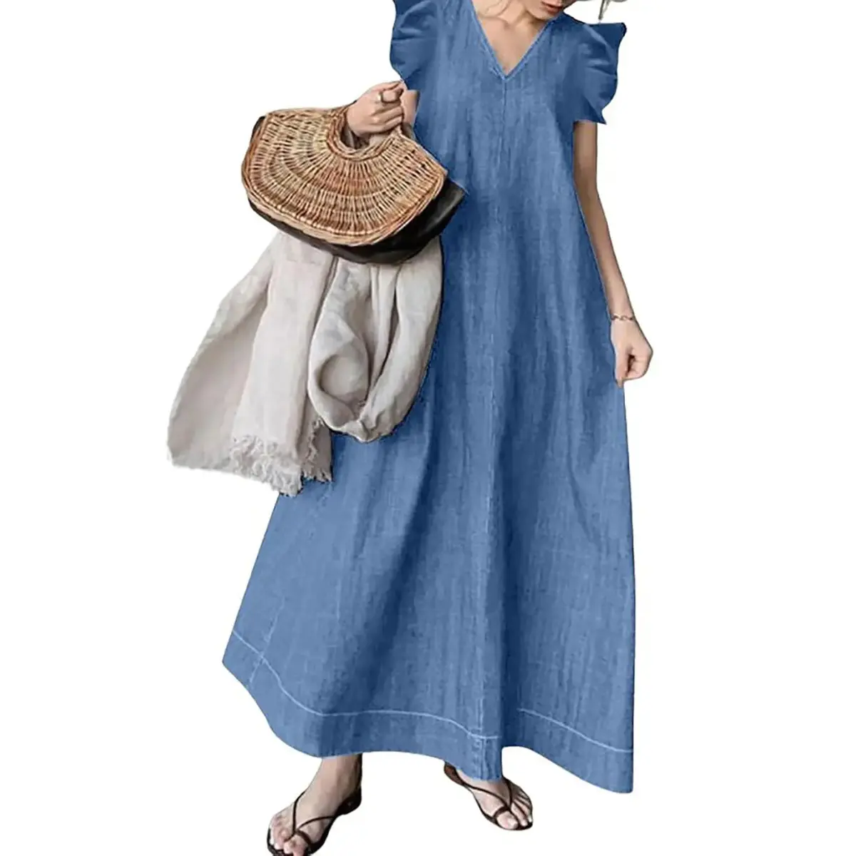 Women's Summer V Neck Long Denim Dress Casual Loose Ruffle Sleeveless Dress Minimalist V neck Womenswear sundress easter length tea morning