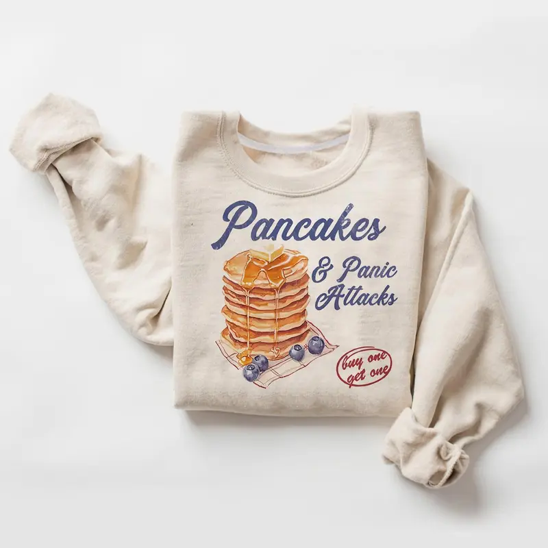 Women's Graphic Letter & Pancakes Print Drop Shoulder Sweatshirt, Casual Sweatshirts, Casual Loose Long Sleeve Round Neck Pullover for Fall & Winter, Ladies Clothes for Daily Wear, Womenswear